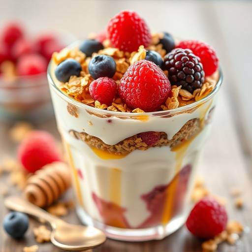 A layered yogurt parfait with granola, fresh berries, and honey