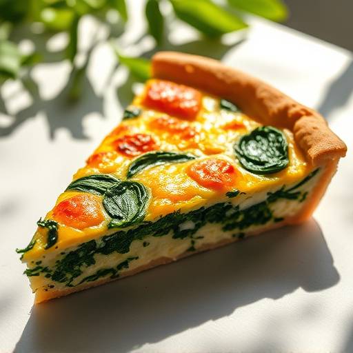 A slice of savory quiche with spinach and feta cheese