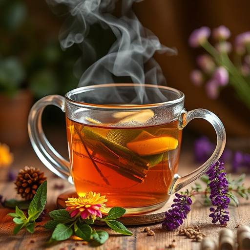 A steaming cup of herbal tea with various herbs and flowers