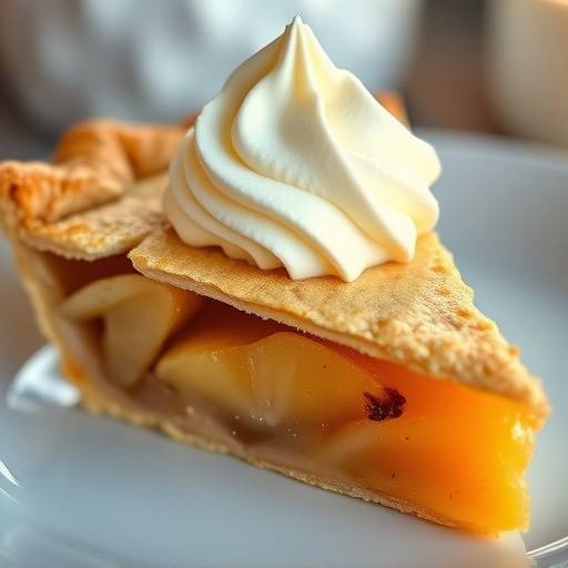 A warm slice of homemade apple pie with a flaky crust, served with vanilla ice cream