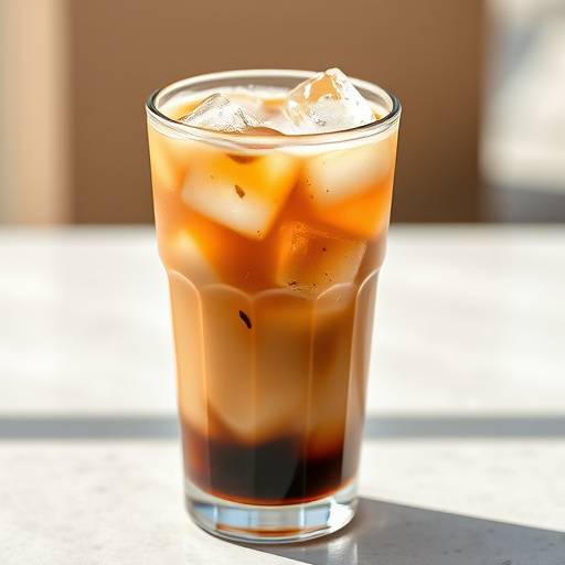 Refreshing iced coffee served in a clear glass with ice cubes