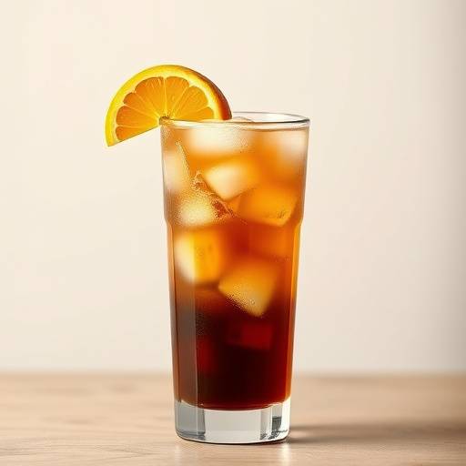 Smooth cold brew coffee in a tall glass, garnished with an orange peel