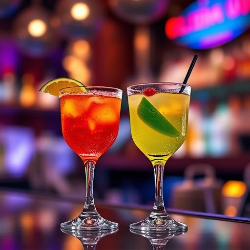 Two colorful cocktails on a bar counter